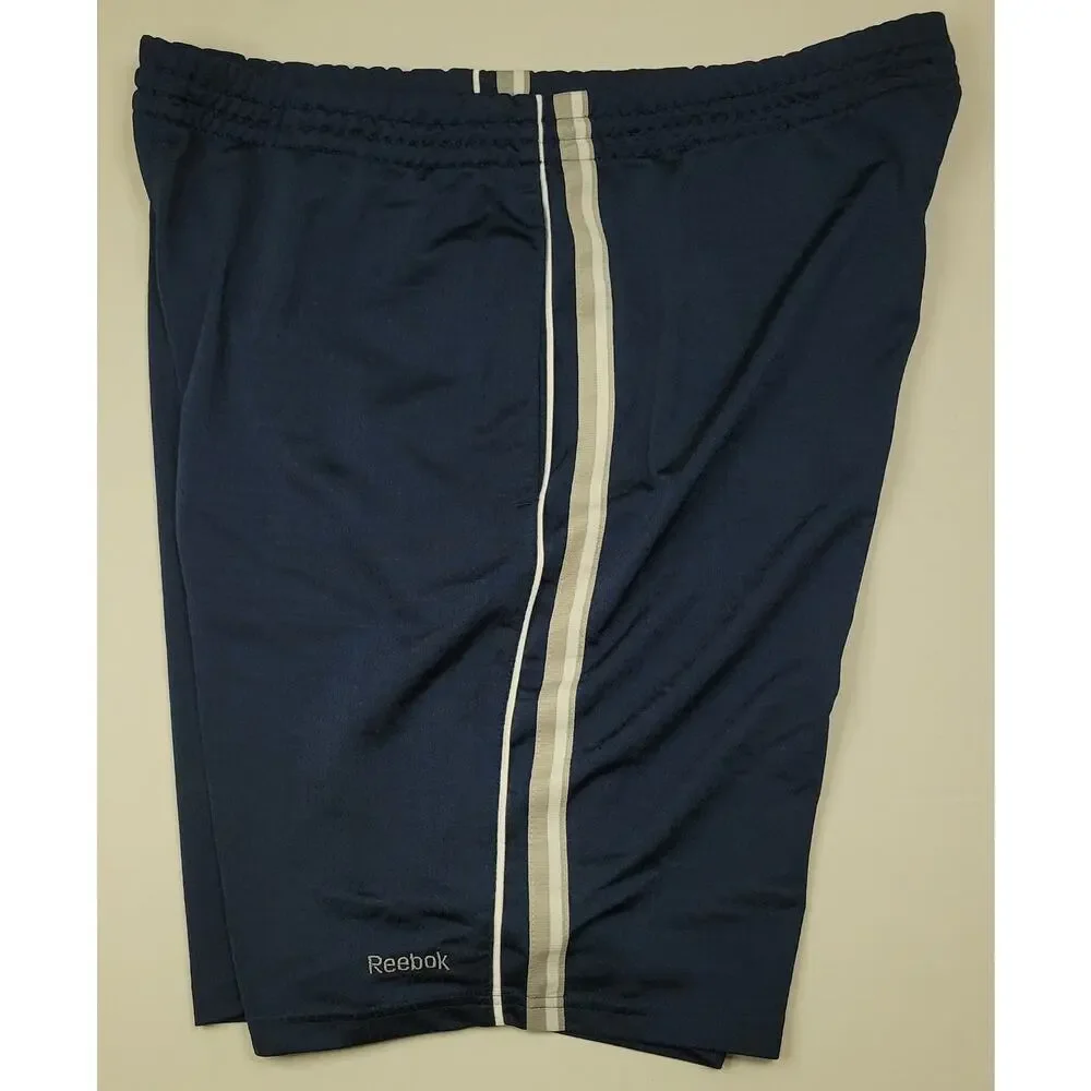 REEBOK Sport Shorts Blue White Gray Trim Drawstring Pockets 36